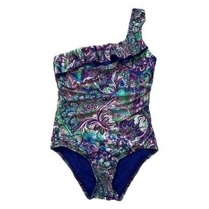 Becca One Shoulder Ruffle Paisley Print Swimsuit One Piece Bathing Suit Medium‎